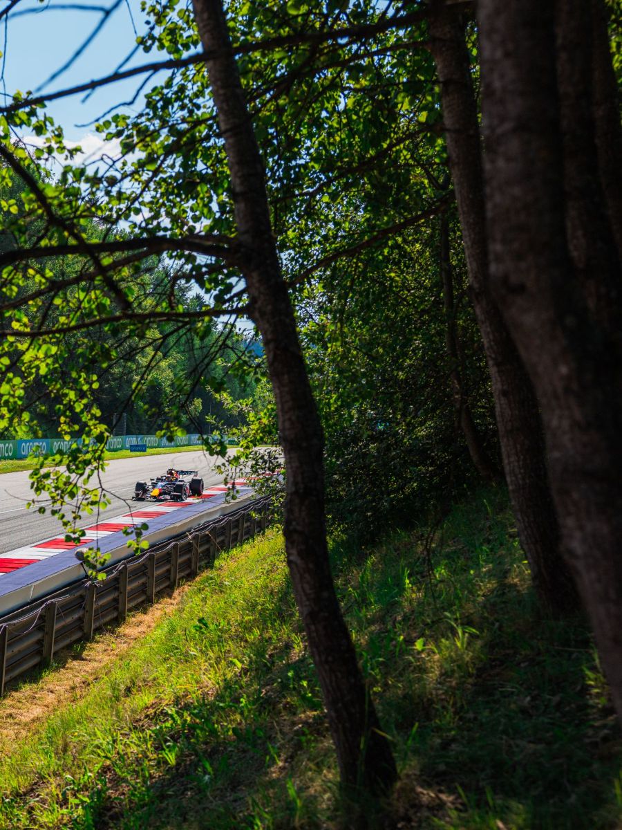 Grand Prix d'Autriche 2026, Red Bull Ring : Vendredi · EL2 · Red Bull aperçue entre les troncs, depuis le sous-bois